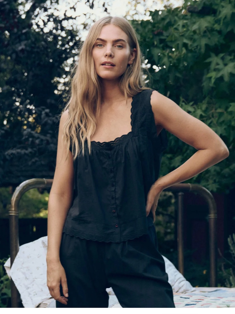 THE GREAT. Eyelet Black Lace-Trim Cotton Cami